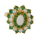 9ct Yellow Gold, Emerald & Opal Floral Cluster Ring Vintage 1977 London