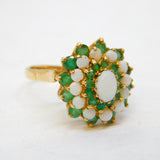 9ct Yellow Gold, Emerald & Opal Floral Cluster Ring Vintage 1977 London