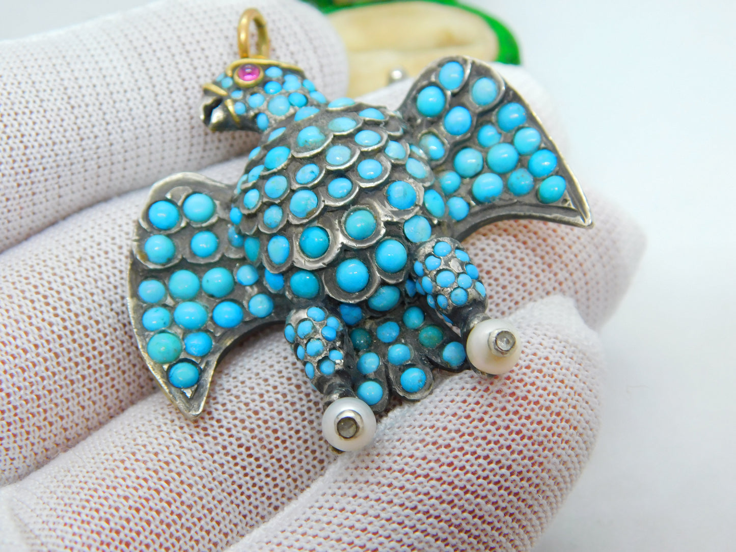 Georgian 18ct Gold & Silver Pave Set Turquoise Eagle Mourning Pendant Antique c1830