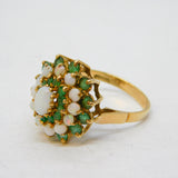 9ct Yellow Gold, Emerald & Opal Floral Cluster Ring Vintage 1977 London