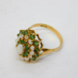 9ct Yellow Gold, Emerald & Opal Floral Cluster Ring Vintage 1977 London