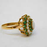 9ct Yellow Gold, Emerald & Opal Floral Cluster Ring Vintage 1977 London