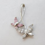 9ct White Gold, Pink Topaz & Paste Butterfly Drop Pendant Vintage c1990