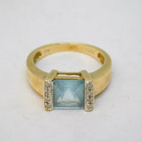 9ct Yellow Gold, Square-Cut Aquamarine & Diamond Dress Ring Vintage c1970