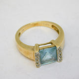9ct Yellow Gold, Square-Cut Aquamarine & Diamond Dress Ring Vintage c1970