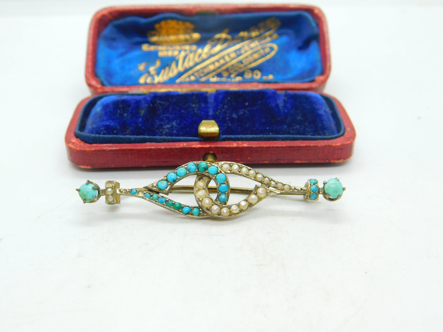 Victorian Sterling Silver Gilt Turquoise & Pearl Lovers Knot Brooch Antique 1860