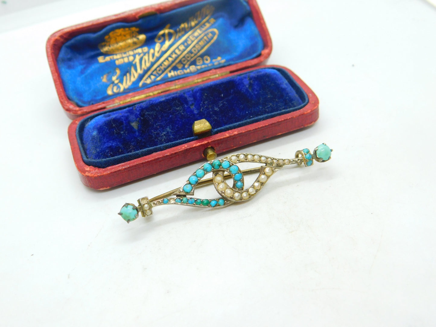 Victorian Sterling Silver Gilt Turquoise & Pearl Lovers Knot Brooch Antique 1860