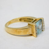 9ct Yellow Gold, Square-Cut Aquamarine & Diamond Dress Ring Vintage c1970