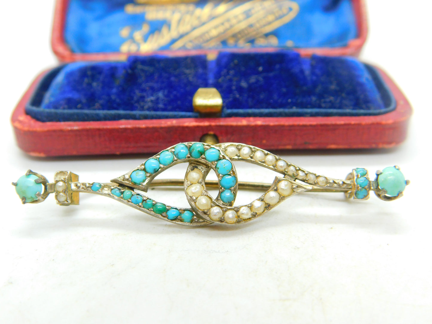 Victorian Sterling Silver Gilt Turquoise & Pearl Lovers Knot Brooch Antique 1860