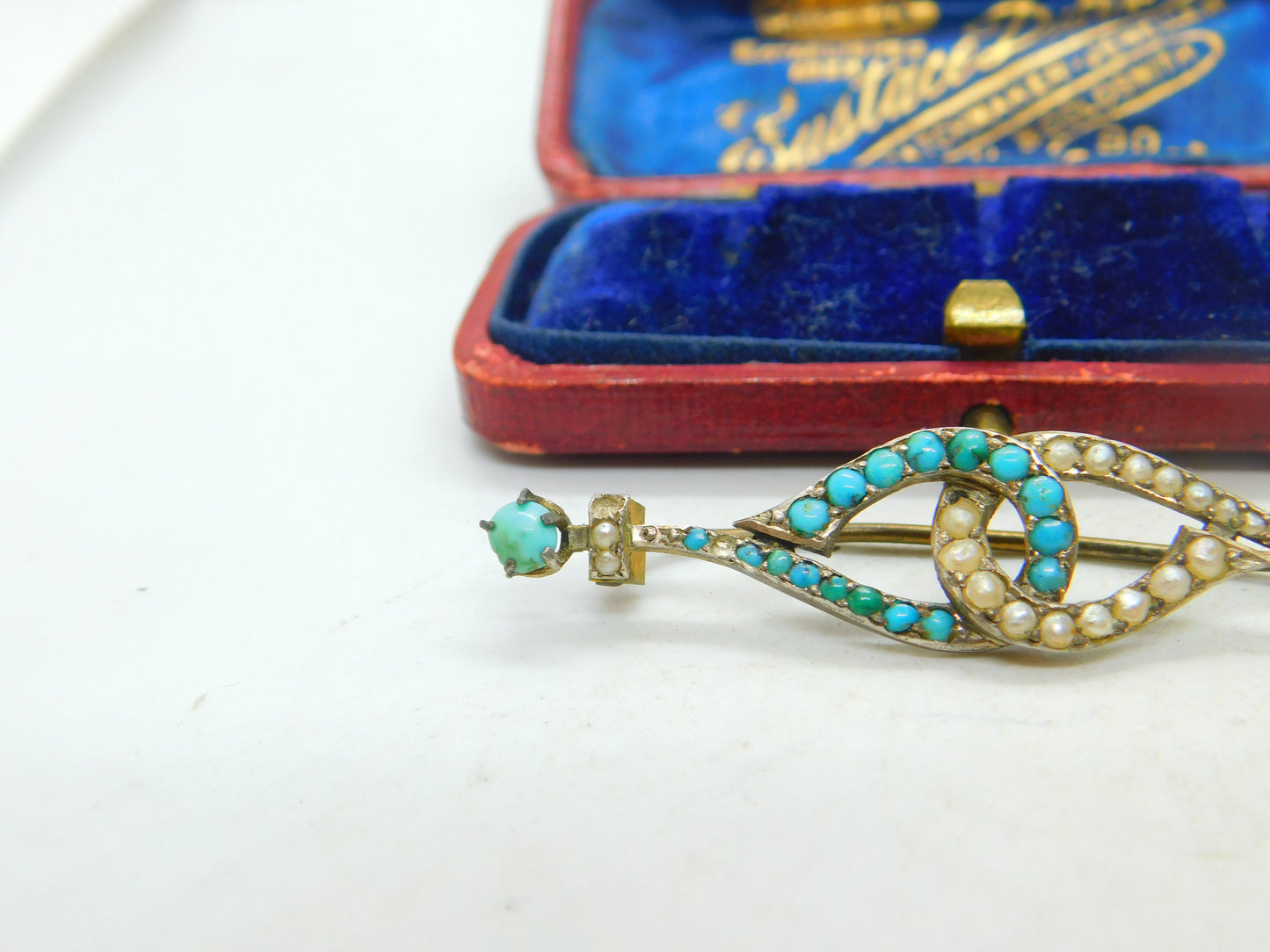 Victorian Sterling Silver Gilt Turquoise & Pearl Lovers Knot Brooch Antique 1860