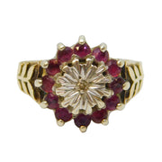 9ct Yellow Gold, Ruby & Diamond Set Floral Cluster Ring Vintage 1978 London