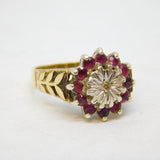 9ct Yellow Gold, Ruby & Diamond Set Floral Cluster Ring Vintage 1978 London