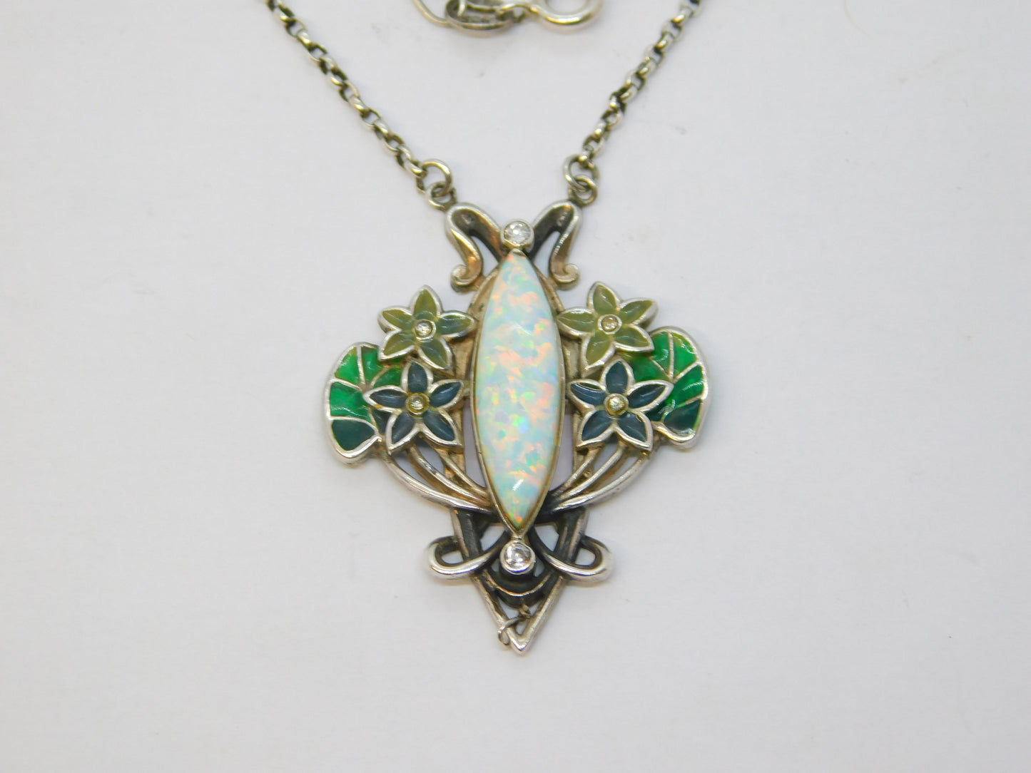 Sterling Silver Plique-à-jour Enamel, Spinel & Marquise Cut Opal Necklace Vintage