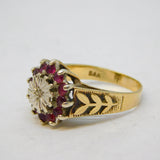 9ct Yellow Gold, Ruby & Diamond Set Floral Cluster Ring Vintage 1978 London