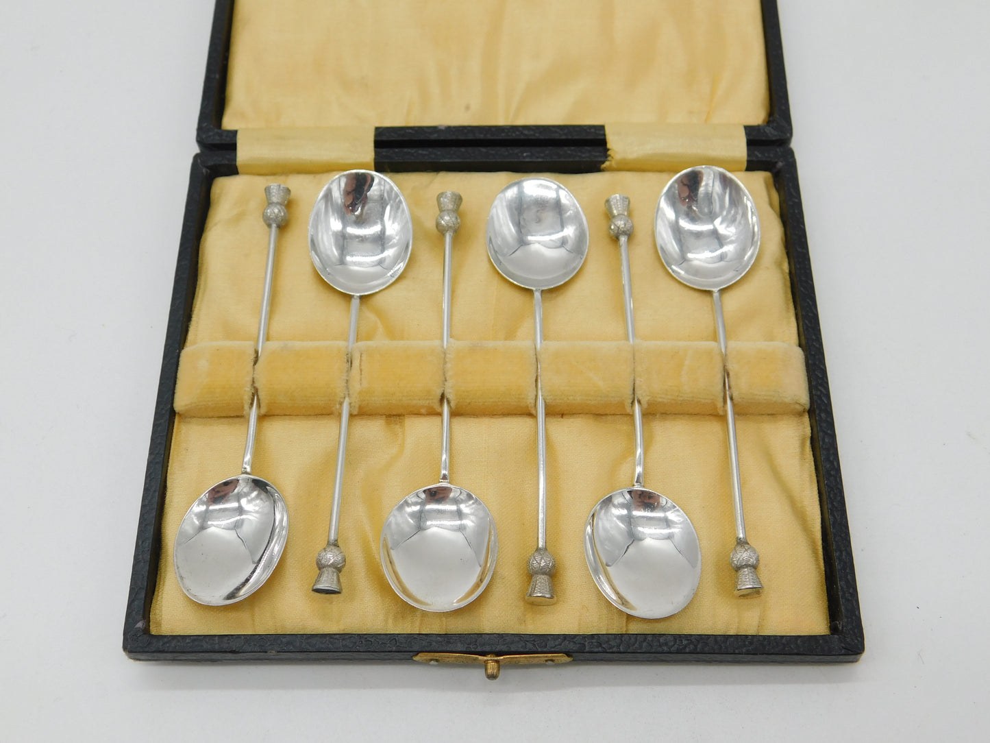 Boxed Set of Sterling Silver Scottish Thistle Terminal Spoons Antique 1928 Deco