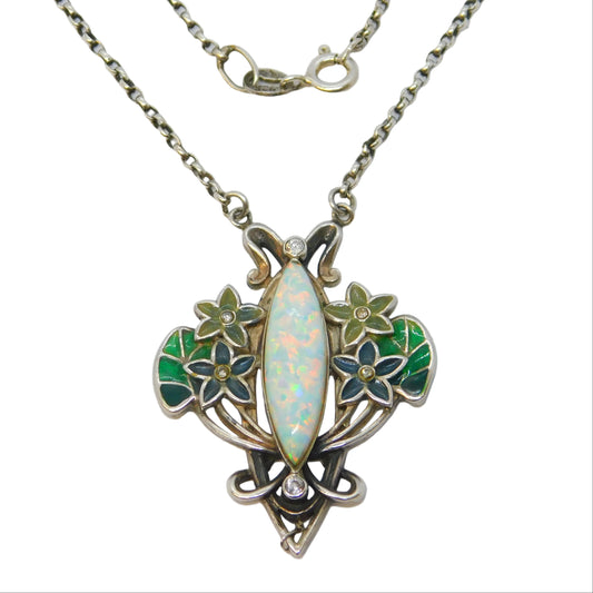 Sterling Silver Plique-à-jour Enamel, Spinel & Marquise Cut Opal Necklace Vintage
