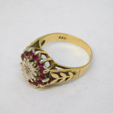 9ct Yellow Gold, Ruby & Diamond Set Floral Cluster Ring Vintage 1978 London