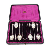 Victorian Boxed Sterling Silver Apostle Teaspoon & Tongs Set Antique 1893 Birmingham