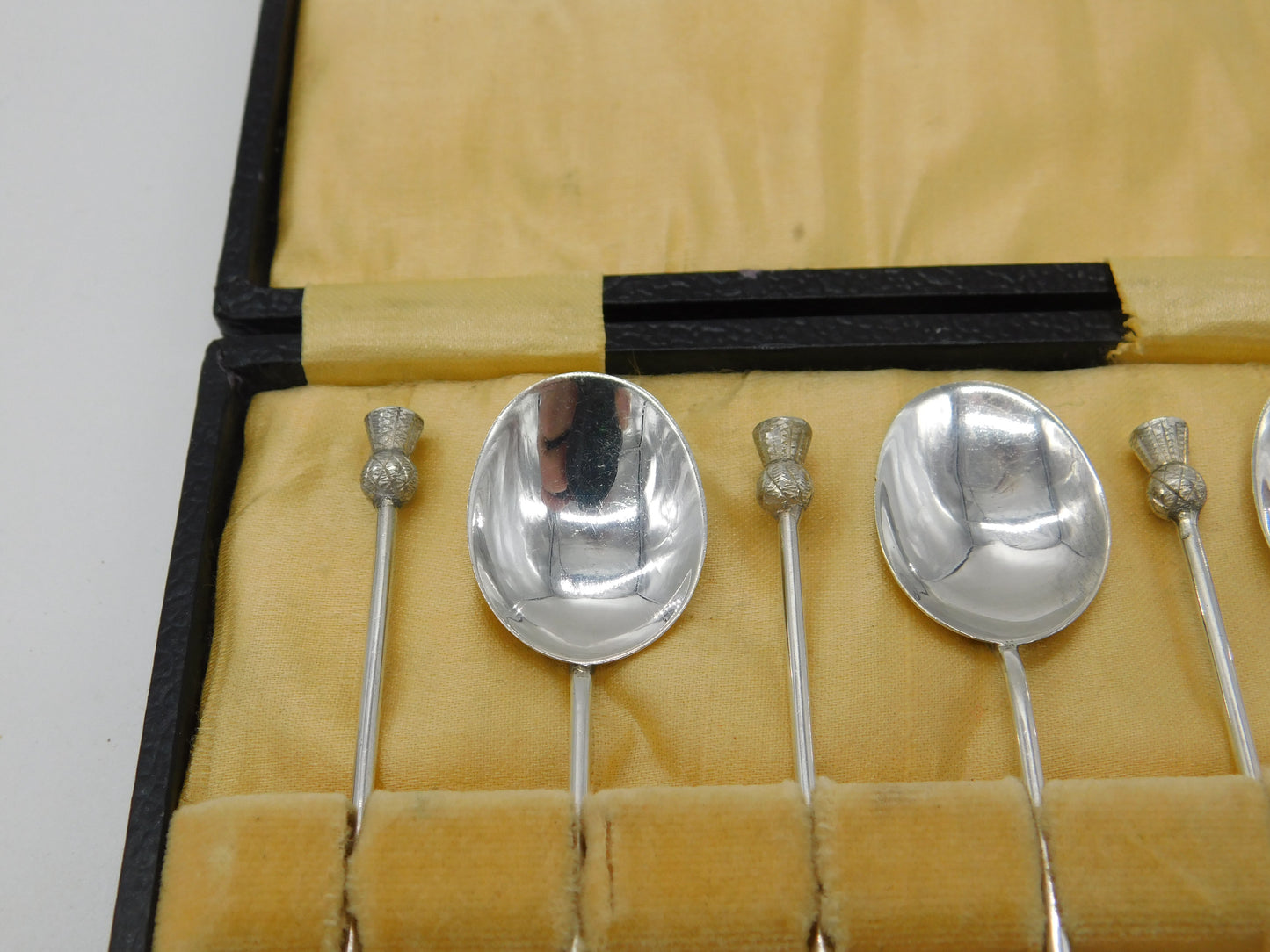 Boxed Set of Sterling Silver Scottish Thistle Terminal Spoons Antique 1928 Deco