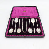 Victorian Boxed Sterling Silver Apostle Teaspoon & Tongs Set Antique 1893 Birmingham