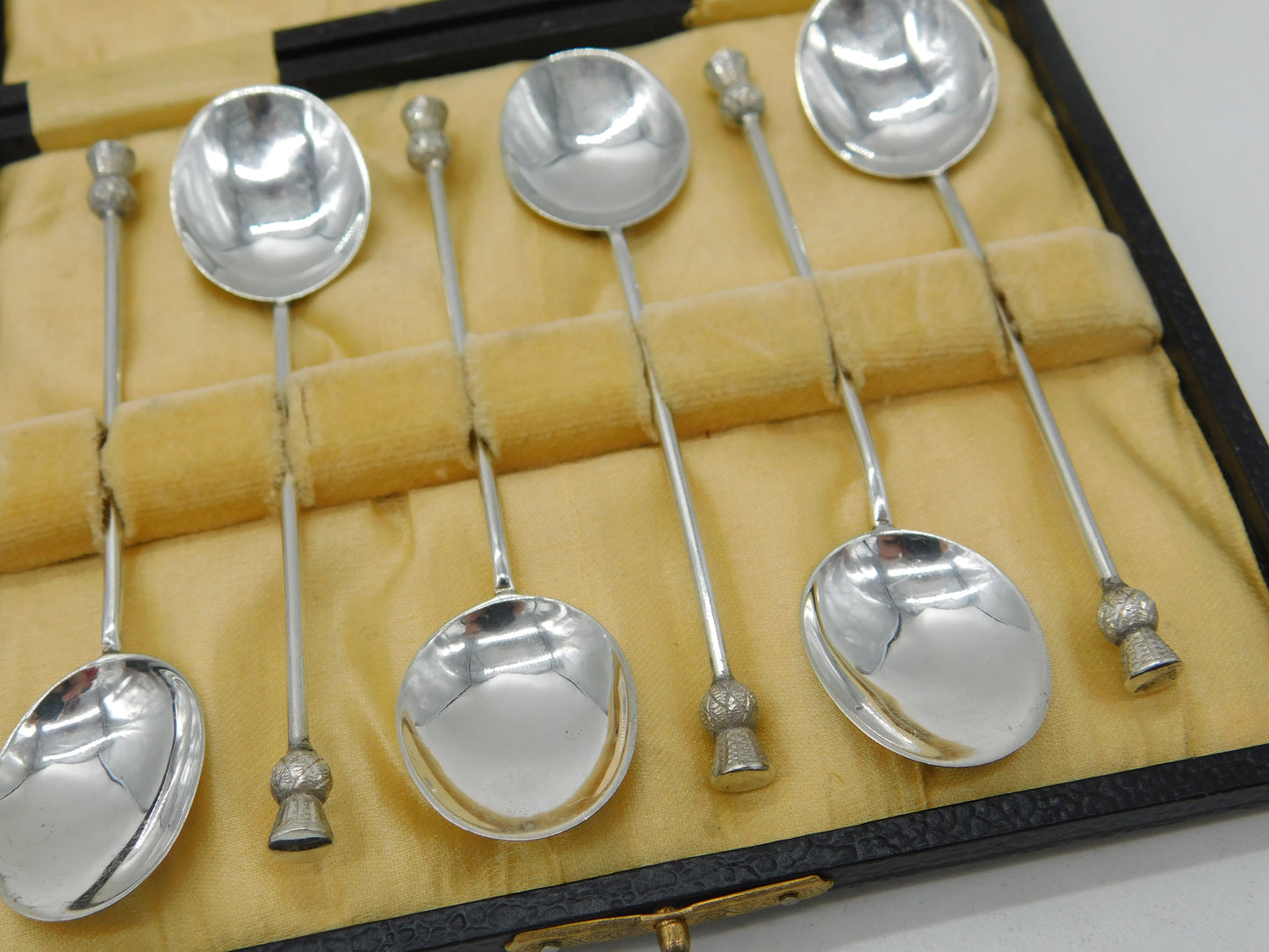 Boxed Set of Sterling Silver Scottish Thistle Terminal Spoons Antique 1928 Deco