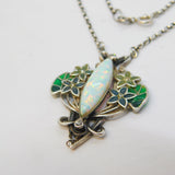 Sterling Silver Plique-à-jour Enamel, Spinel & Marquise Cut Opal Necklace Vintage