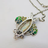 Sterling Silver Plique-à-jour Enamel, Spinel & Marquise Cut Opal Necklace Vintage