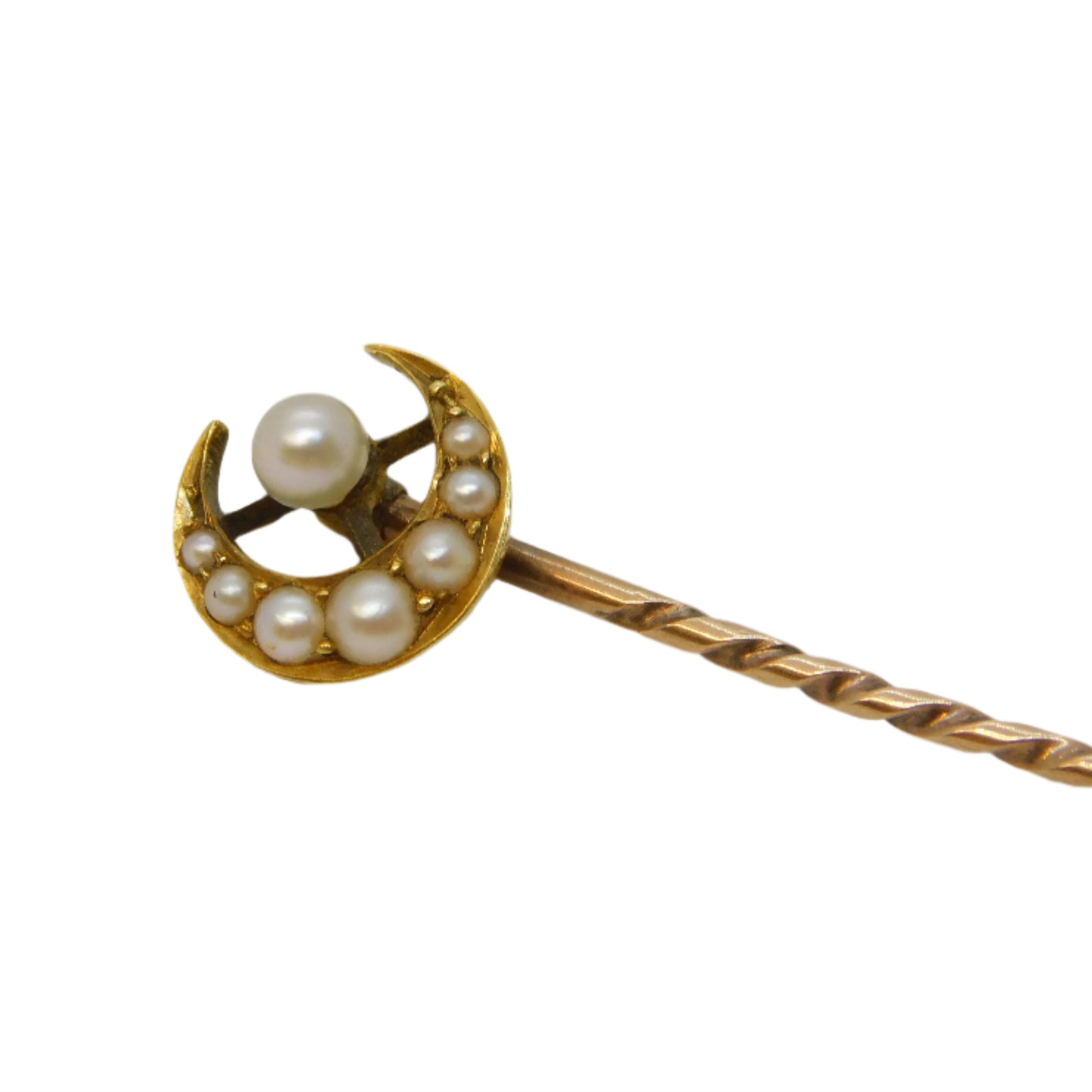 Victorian 15ct Yellow Gold Seed Pearl Crescent Moon Stick Pin Antique c1880