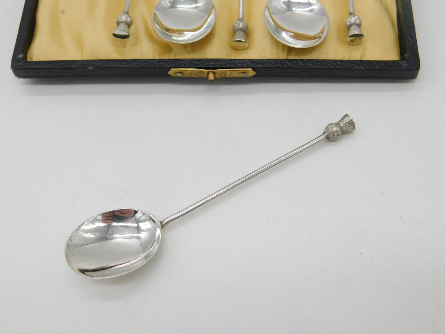 Boxed Set of Sterling Silver Scottish Thistle Terminal Spoons Antique 1928 Deco