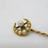 Victorian 15ct Yellow Gold Seed Pearl Crescent Moon Stick Pin Antique c1880