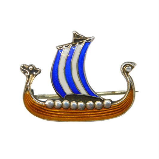 20th Century Scandinavian Sterling Silver Enamel Viking Boat Brooch Antique c1920