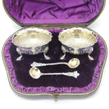 Boxed Set of Victorian Sterling Silver Salt Cellars & Spoons Antique 1881 London