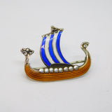20th Century Scandinavian Sterling Silver Enamel Viking Boat Brooch Antique c1920