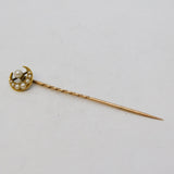 Victorian 15ct Yellow Gold Seed Pearl Crescent Moon Stick Pin Antique c1880