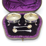 Boxed Set of Victorian Sterling Silver Salt Cellars & Spoons Antique 1881 London