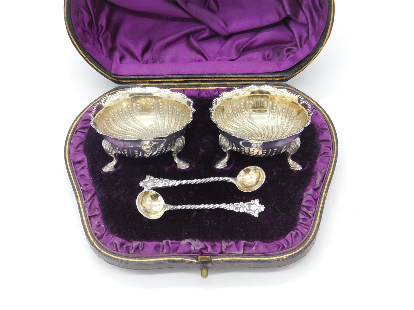 Boxed Set of Victorian Sterling Silver Salt Cellars & Spoons Antique 1881 London