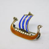 20th Century Scandinavian Sterling Silver Enamel Viking Boat Brooch Antique c1920