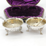Boxed Set of Victorian Sterling Silver Salt Cellars & Spoons Antique 1881 London