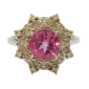 9ct White Gold, Pink & White Sapphire Floral Cluster Ring Vintage Birmingham