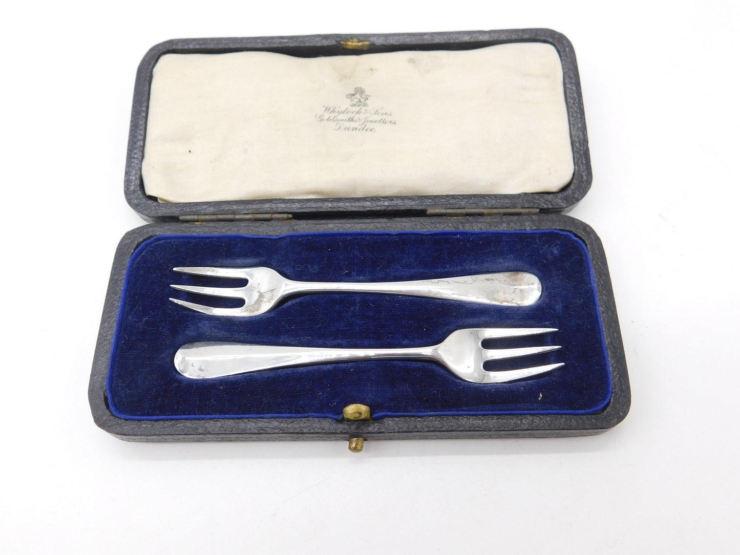 Boxed Pair of Sterling Silver Oyster Forks Antique 1920 London Art Deco