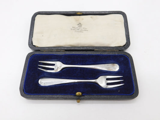 Boxed Pair of Sterling Silver Oyster Forks Antique 1920 London Art Deco