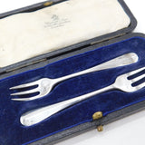 Boxed Pair of Sterling Silver Oyster Forks Antique 1920 London Art Deco