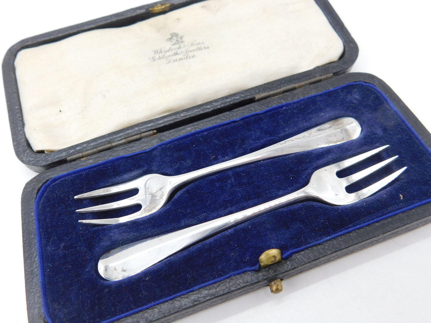 Boxed Pair of Sterling Silver Oyster Forks Antique 1920 London Art Deco