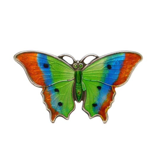 Edwardian Sterling Silver Guilloche Enamel Butterfly Sweetheart Brooch Antique c1910