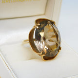 9ct Yellow Gold Faceted Smoky Quartz Cocktail Ring Vintage 1972 Birmingham