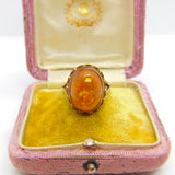 9ct Yellow Gold Cabochon Pressed Amber Signet Ring 1970 Birmingham Vintage