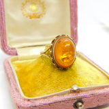 9ct Yellow Gold Cabochon Pressed Amber Signet Ring 1970 Birmingham Vintage