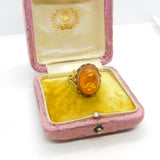 9ct Yellow Gold Cabochon Pressed Amber Signet Ring 1970 Birmingham Vintage
