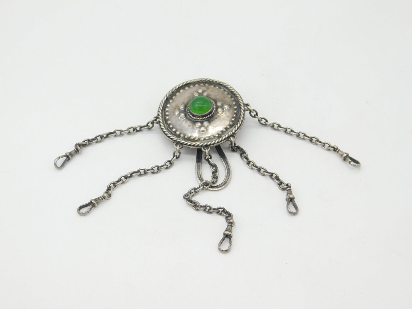 Arts & Crafts Sterling Silver Shield Form Cabochon Sewing Chatelaine Antique c1900