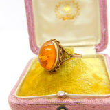 9ct Yellow Gold Cabochon Pressed Amber Signet Ring 1970 Birmingham Vintage